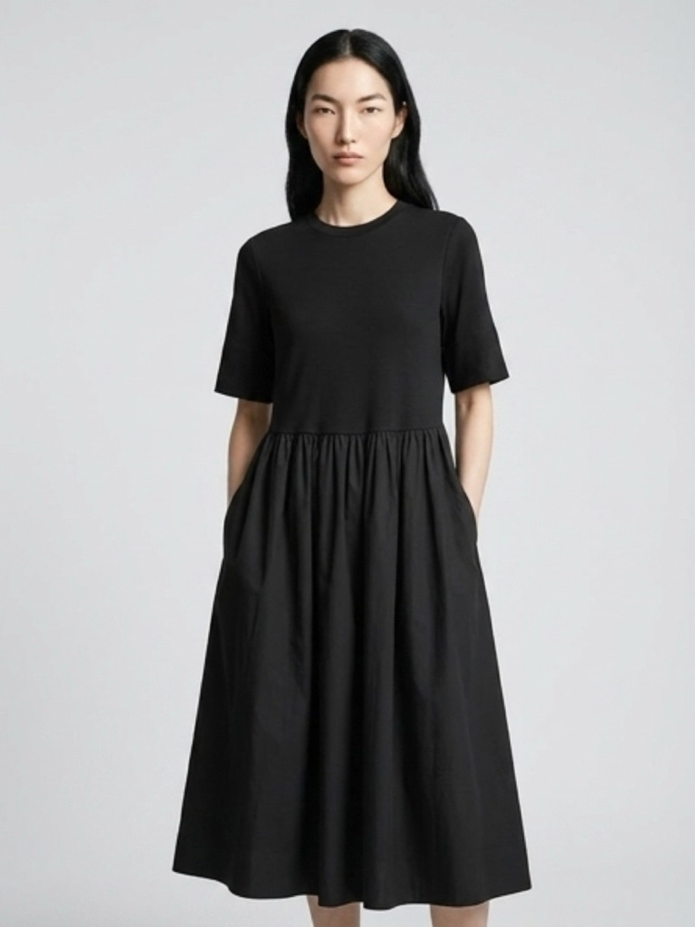 COS Black Short-Sleeve Gathered Waist Midi Dress